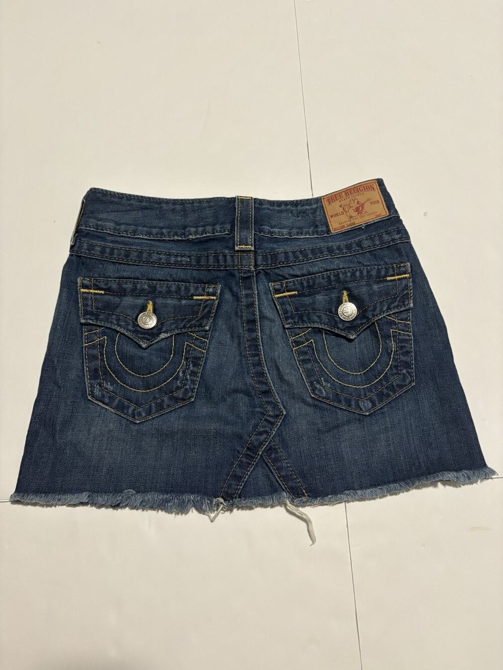 True Religion Sadie Denim Mini Skirt Womens 24 Made USA Y2K Raw Hem Flap Pocket